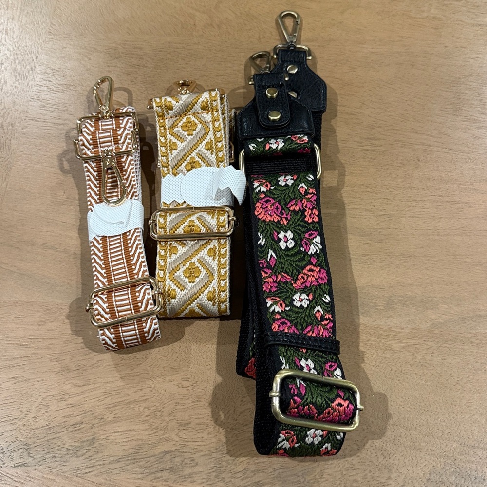 Set of Three Adjustable Straps with Floral and Geometric Patterns